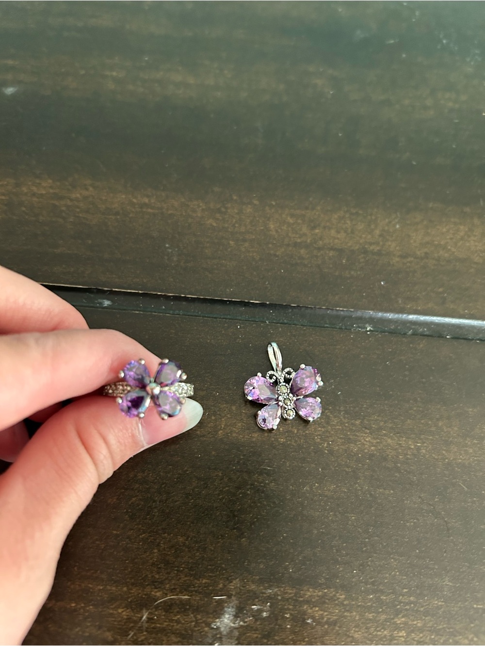 Silver Floral Purple Crystal Ring and Pendant Set